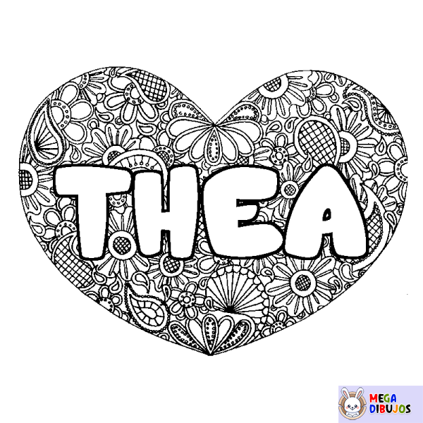 Coloración del nombre THEA - decorado mandala de coraz&oacute;n