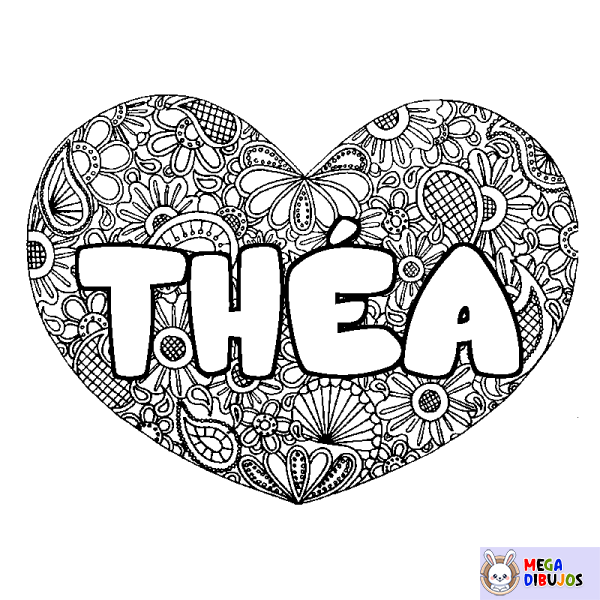 Coloración del nombre TH&Eacute;A - decorado mandala de coraz&oacute;n