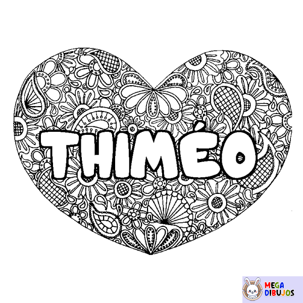 Coloración del nombre THIM&Eacute;O - decorado mandala de coraz&oacute;n