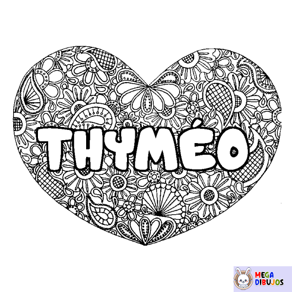 Coloración del nombre THYM&Eacute;O - decorado mandala de coraz&oacute;n