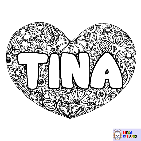 Coloración del nombre TINA - decorado mandala de coraz&oacute;n