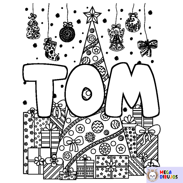 Coloración del nombre TOM - decorado &aacute;rbol de Navidad y regalos