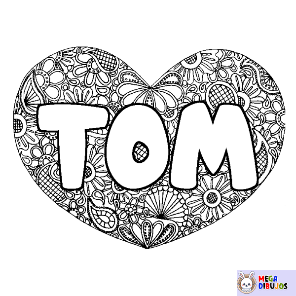 Coloración del nombre TOM - decorado mandala de coraz&oacute;n