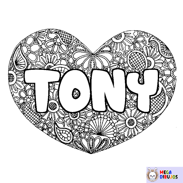 Coloración del nombre TONY - decorado mandala de coraz&oacute;n