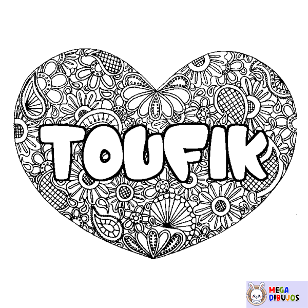 Coloración del nombre TOUFIK - decorado mandala de coraz&oacute;n