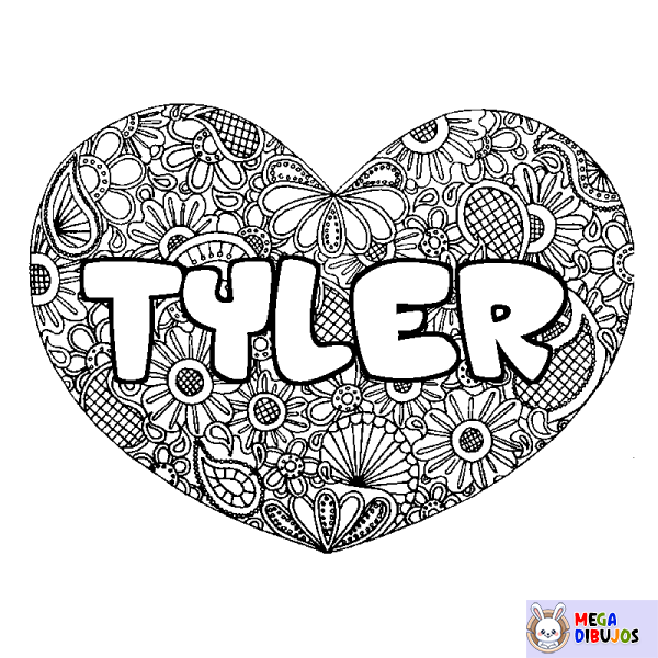 Coloración del nombre TYLER - decorado mandala de coraz&oacute;n