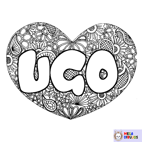 Coloración del nombre UGO - decorado mandala de coraz&oacute;n