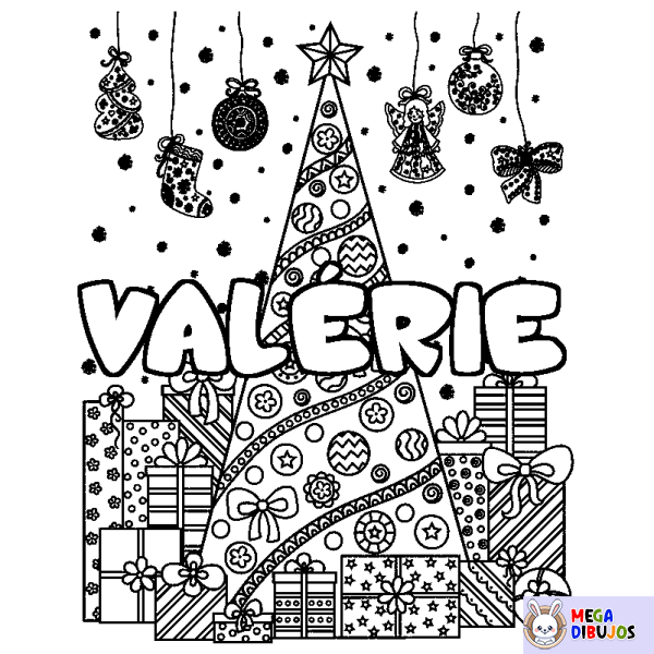 Coloración del nombre VAL&Eacute;RIE - decorado &aacute;rbol de Navidad y regalos