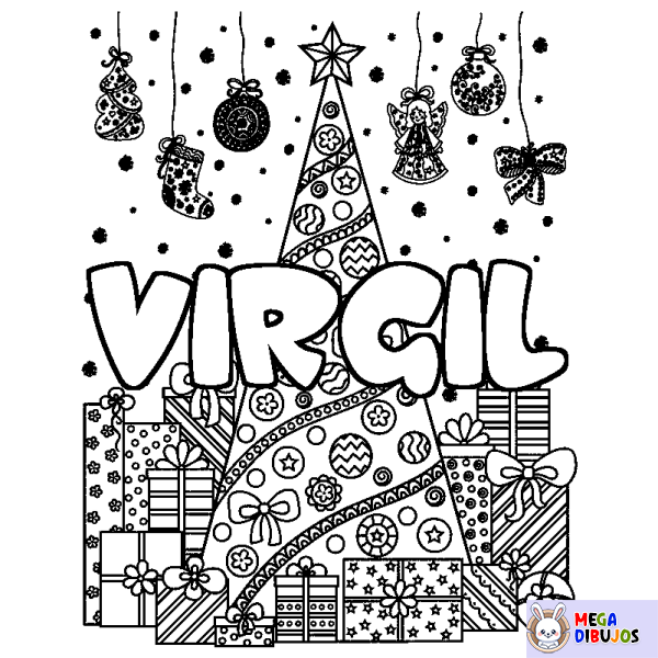 Coloración del nombre VIRGIL - decorado &aacute;rbol de Navidad y regalos