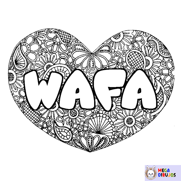 Coloración del nombre WAFA - decorado mandala de coraz&oacute;n