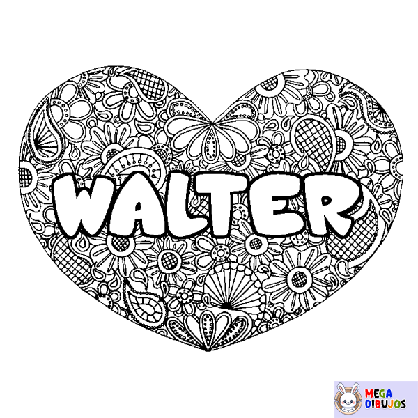 Coloración del nombre WALTER - decorado mandala de coraz&oacute;n