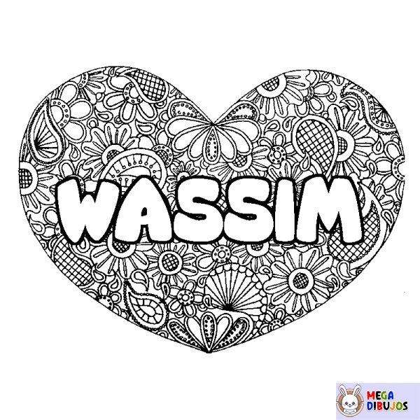 Coloración del nombre WASSIM - decorado mandala de coraz&oacute;n