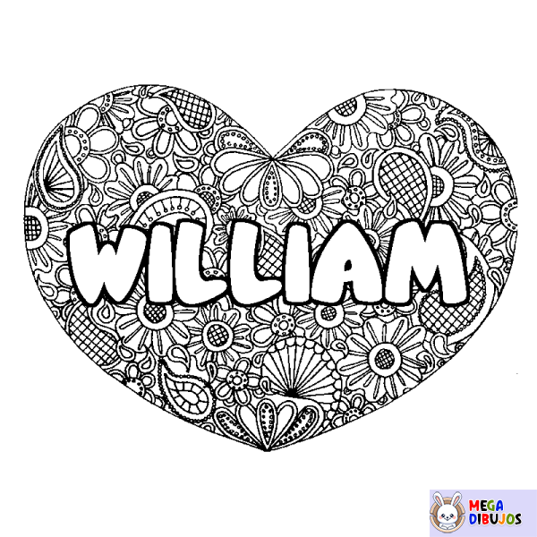 Coloración del nombre WILLIAM - decorado mandala de coraz&oacute;n