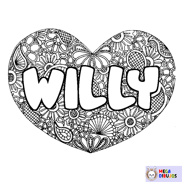 Coloración del nombre WILLY - decorado mandala de coraz&oacute;n