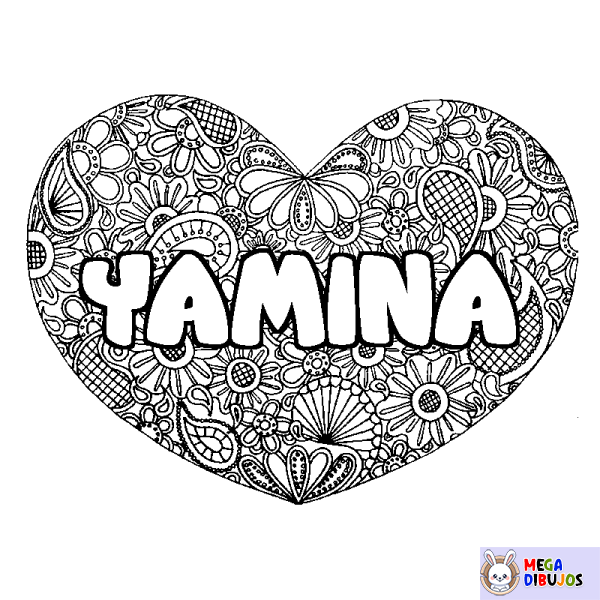 Coloración del nombre YAMINA - decorado mandala de coraz&oacute;n