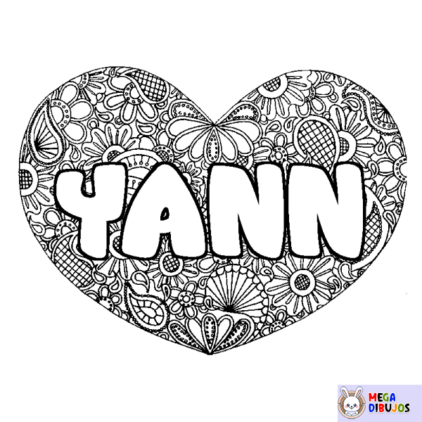 Coloración del nombre YANN - decorado mandala de coraz&oacute;n