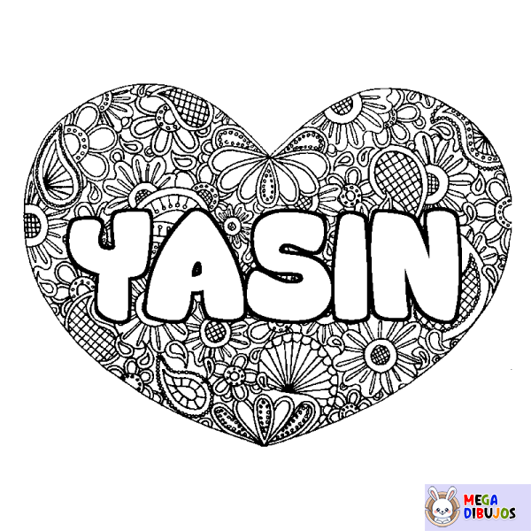 Coloración del nombre YASIN - decorado mandala de coraz&oacute;n