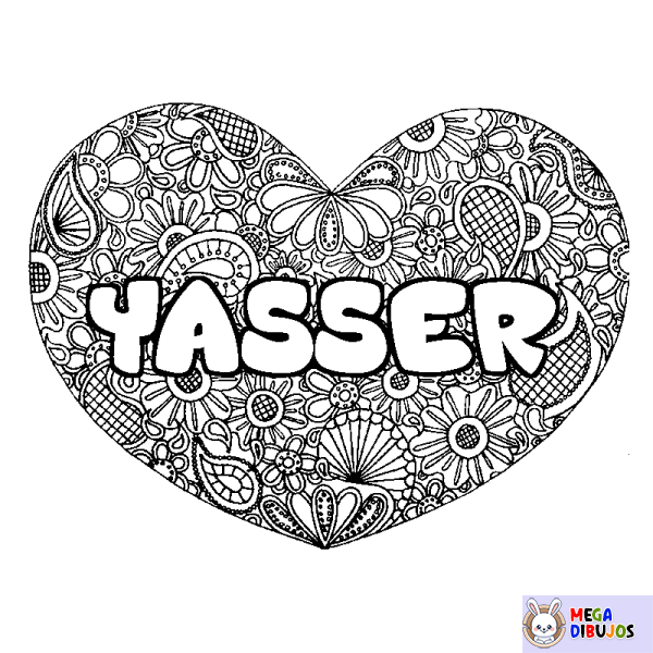 Coloración del nombre YASSER - decorado mandala de coraz&oacute;n