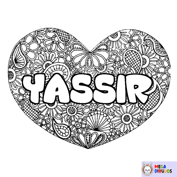 Coloración del nombre YASSIR - decorado mandala de coraz&oacute;n