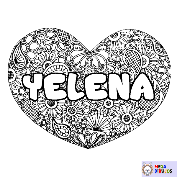 Coloración del nombre YELENA - decorado mandala de coraz&oacute;n