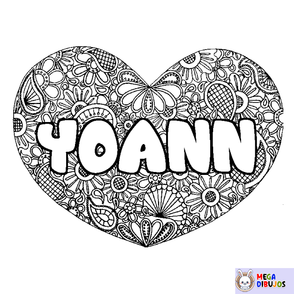 Coloración del nombre YOANN - decorado mandala de coraz&oacute;n