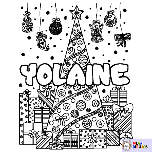 Coloración del nombre YOLAINE - decorado &aacute;rbol de Navidad y regalos