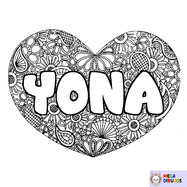 Coloración del nombre YONA - decorado mandala de coraz&oacute;n