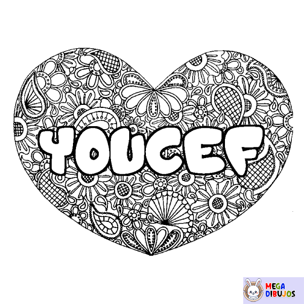 Coloración del nombre YOUCEF - decorado mandala de coraz&oacute;n