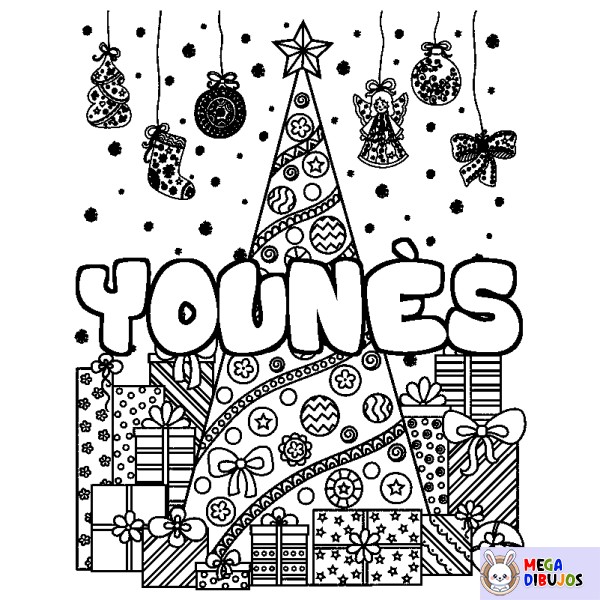 Coloración del nombre YOUN&Egrave;S - decorado &aacute;rbol de Navidad y regalos