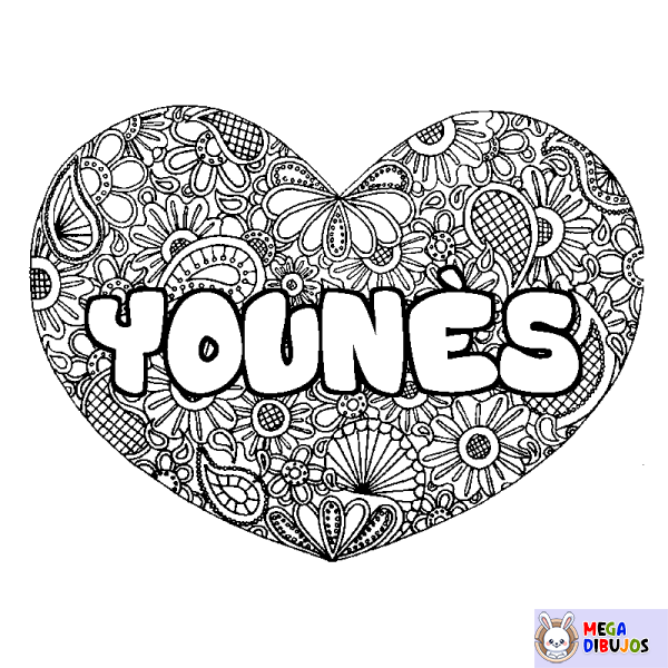 Coloración del nombre YOUN&Egrave;S - decorado mandala de coraz&oacute;n