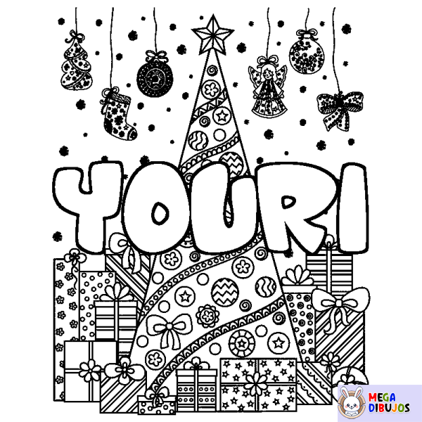 Coloración del nombre YOURI - decorado &aacute;rbol de Navidad y regalos