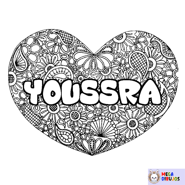 Coloración del nombre YOUSSRA - decorado mandala de coraz&oacute;n