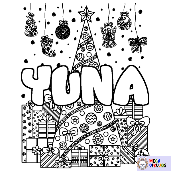 Coloración del nombre YUNA - decorado &aacute;rbol de Navidad y regalos