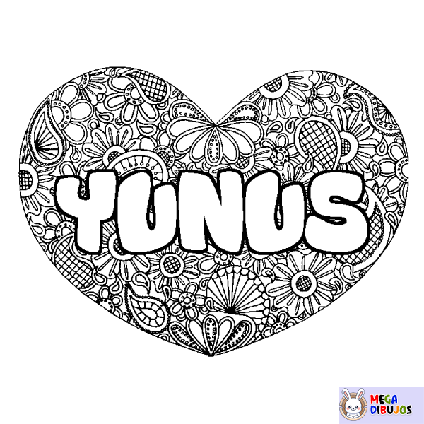 Coloración del nombre YUNUS - decorado mandala de coraz&oacute;n