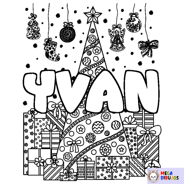 Coloración del nombre YVAN - decorado &aacute;rbol de Navidad y regalos