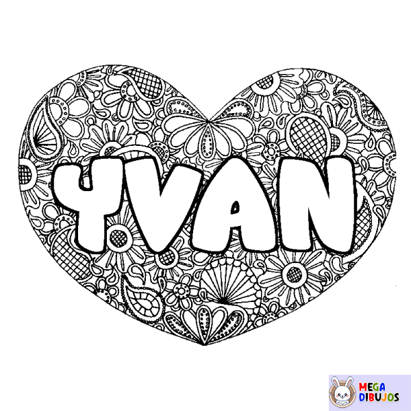 Coloración del nombre YVAN - decorado mandala de coraz&oacute;n