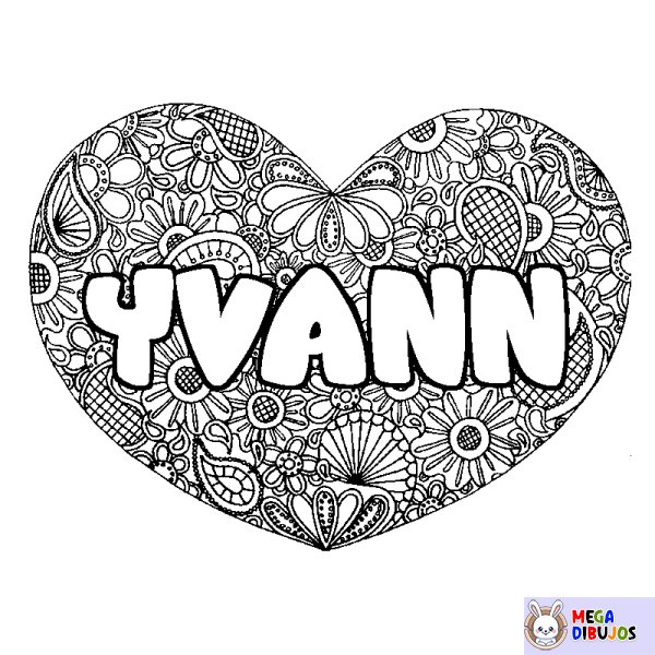 Coloración del nombre YVANN - decorado mandala de coraz&oacute;n