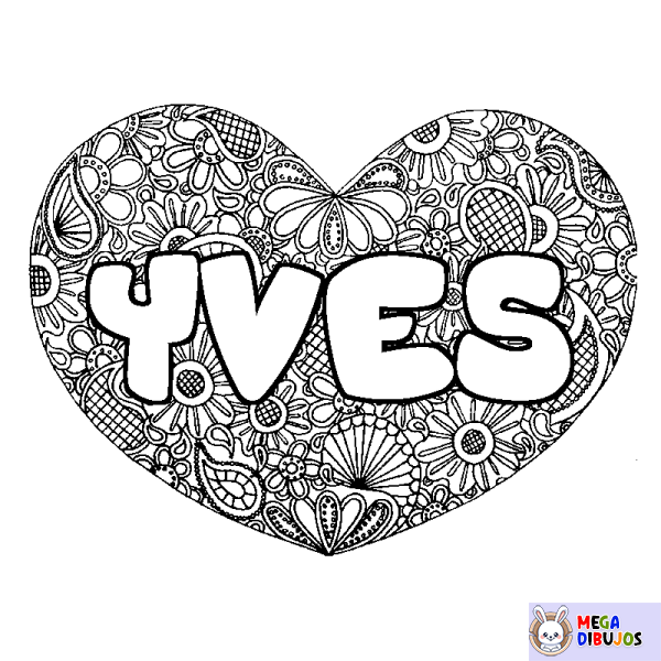 Coloración del nombre YVES - decorado mandala de coraz&oacute;n