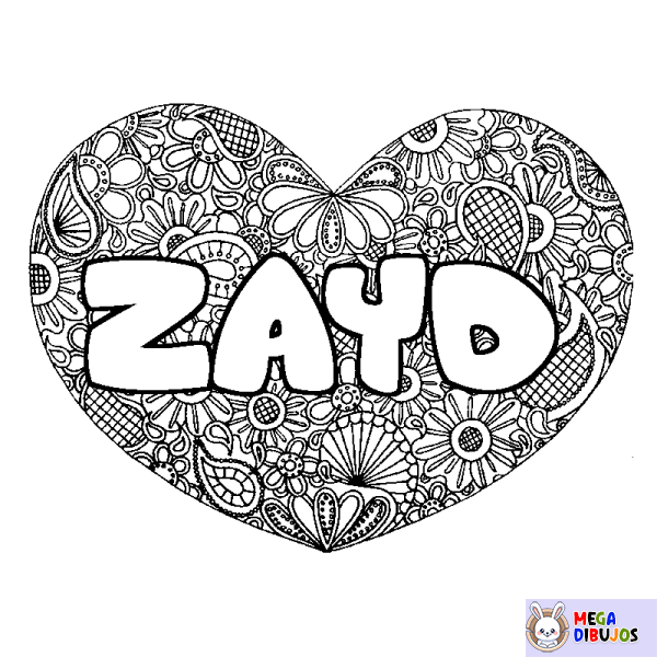 Coloración del nombre ZAYD - decorado mandala de coraz&oacute;n