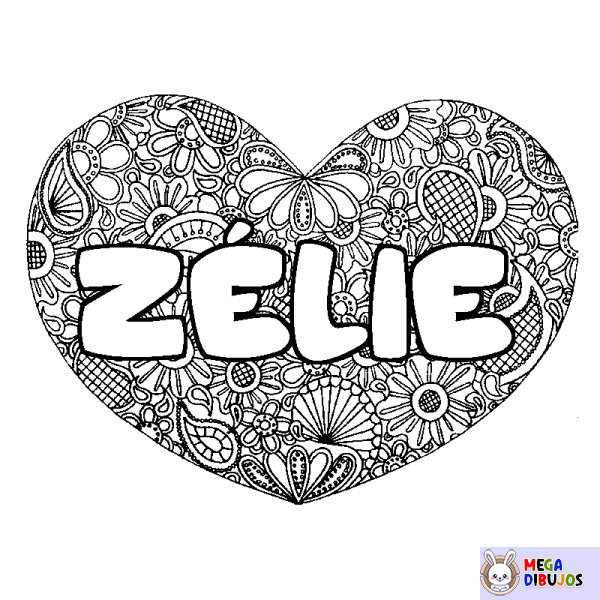 Coloración del nombre Z&Eacute;LIE - decorado mandala de coraz&oacute;n