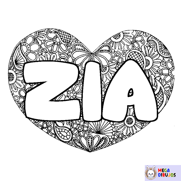 Coloración del nombre ZIA - decorado mandala de coraz&oacute;n