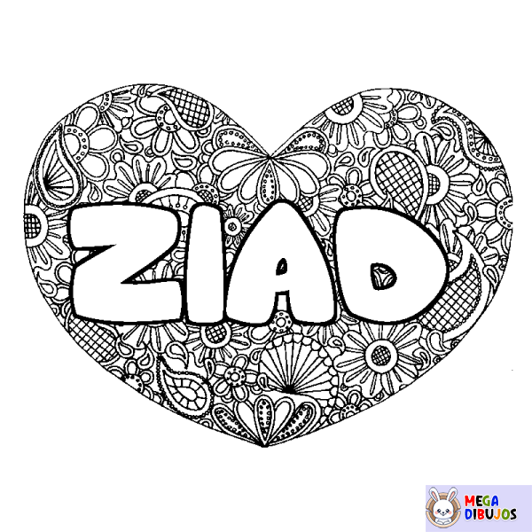 Coloración del nombre ZIAD - decorado mandala de coraz&oacute;n