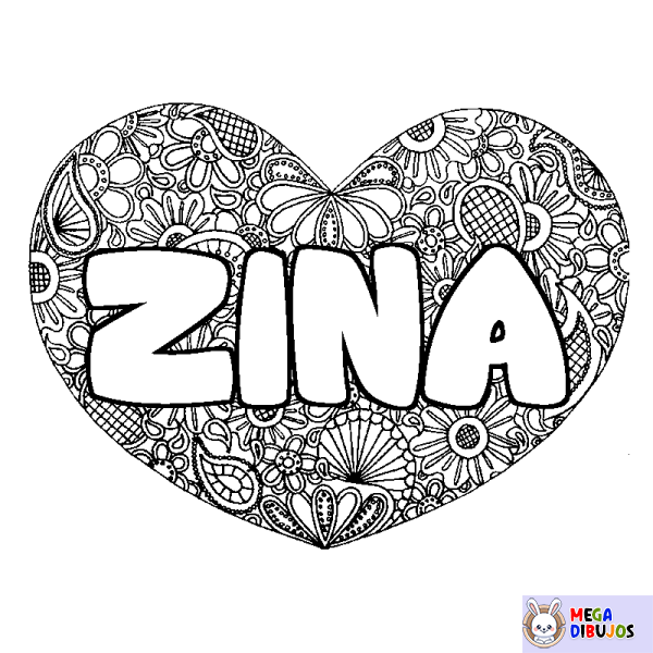 Coloración del nombre ZINA - decorado mandala de coraz&oacute;n