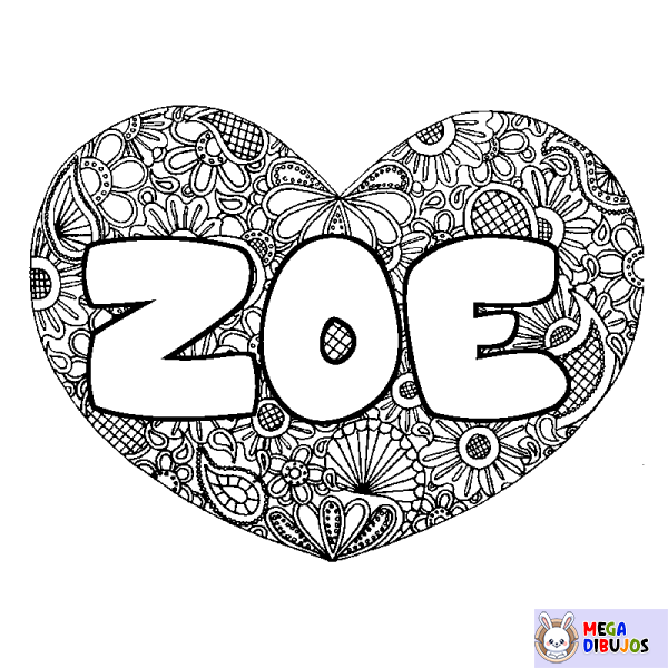 Coloración del nombre ZOE - decorado mandala de coraz&oacute;n