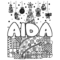 Dibujo para colorear AIDA - decorado &aacute;rbol de Navidad y regalos