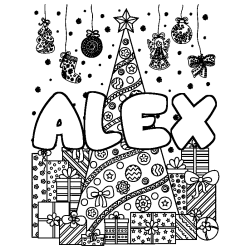 Coloración del nombre ALEX - decorado árbol de Navidad y regalos