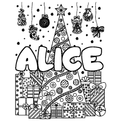Dibujo para colorear ALICE - decorado &aacute;rbol de Navidad y regalos