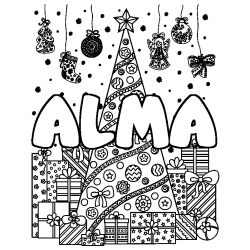 Dibujo para colorear ALMA - decorado &aacute;rbol de Navidad y regalos