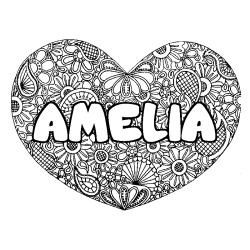 Coloración del nombre AMELIA - decorado mandala de corazón