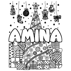 Dibujo para colorear AMINA - decorado &aacute;rbol de Navidad y regalos